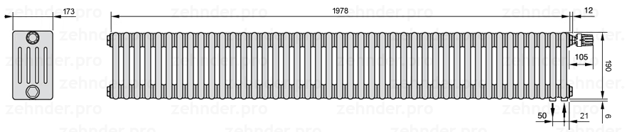 Схема (чертеж) Радиатор Zehnder Charleston 5019/43 №V002 Белый глянцевый RAL 9016